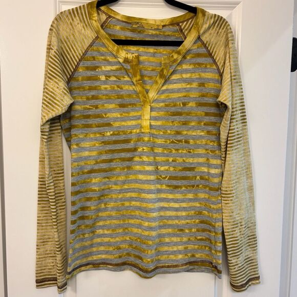 PRANA Long Sleeve Henley Top Striped Yellow Gray Women’s Size Medium - Picture 1 of 7